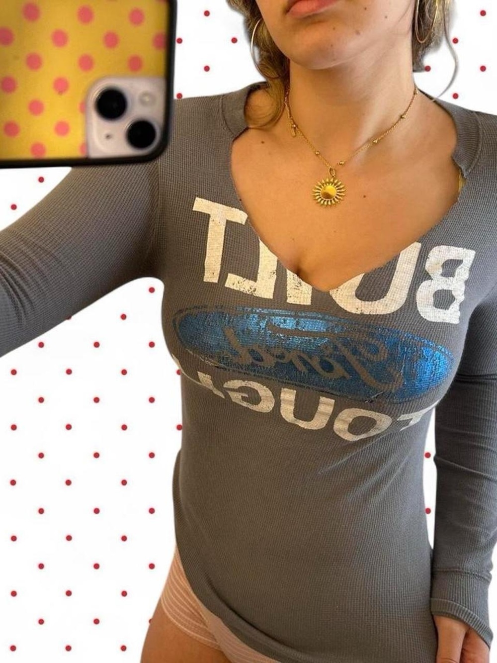 Ford Gray Ribbed Long-Sleeve Graphic Bodysuit with Blue Metallic Print